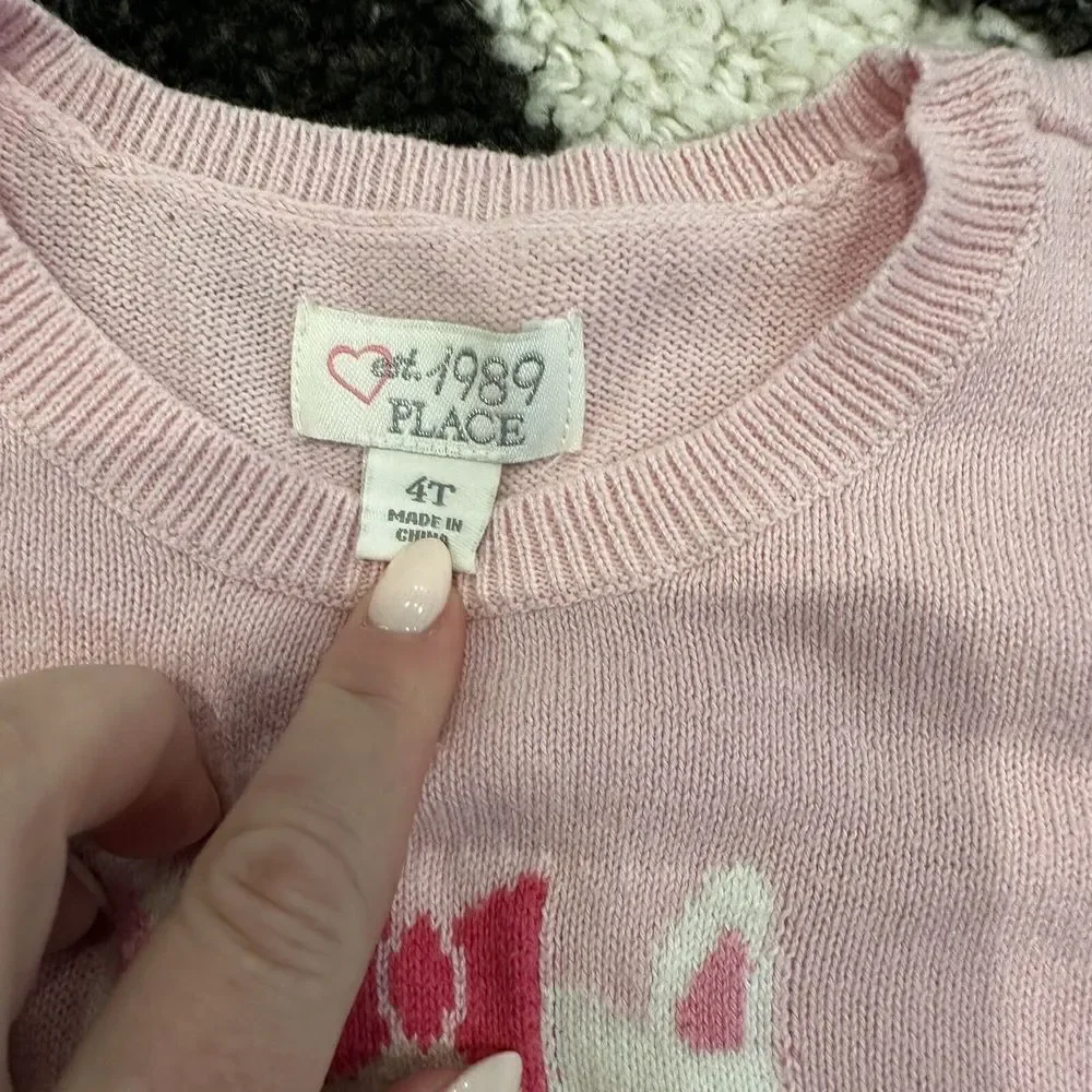 Children’s Place Pink White Leopard Dress Kitty Cat Sweater Bow Size 4T Whiskers
